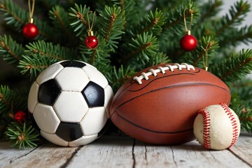 Sport Christmas greeting card. Christmas card with sport baseball, basketball, football, soccer ball, with pine tree background