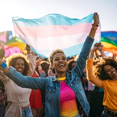 Joyful Transgender Pride Parade Celebration with Diverse People Holding Flags.