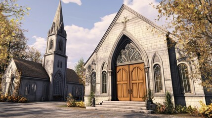 Stone church with tall steeple and wooden doors stands beneath a blue sky with scattered clouds in autumn setting