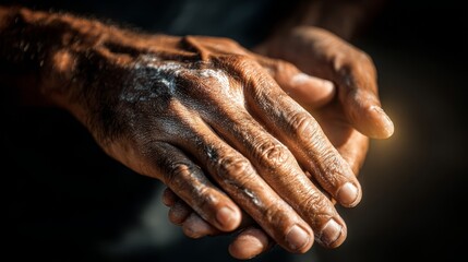 Fototapeta premium Closeup of applying lotion on hands with natural daylight, summer skincare concept, two hands with Indian skintone, soft glowing skin, moisturizing routine, healthy and radiant skin care idea