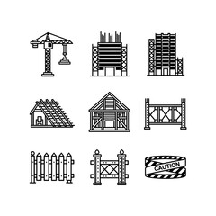 Obraz premium A diverse vector collection of construction and building site elements, showcasing cranes, structural frames, and safety equipment, in a clean line art style.