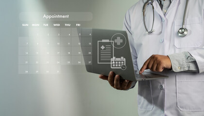 Doctor using laptop with virtual calendar and medical icons, representing patient appointment scheduling and digital healthcare management.