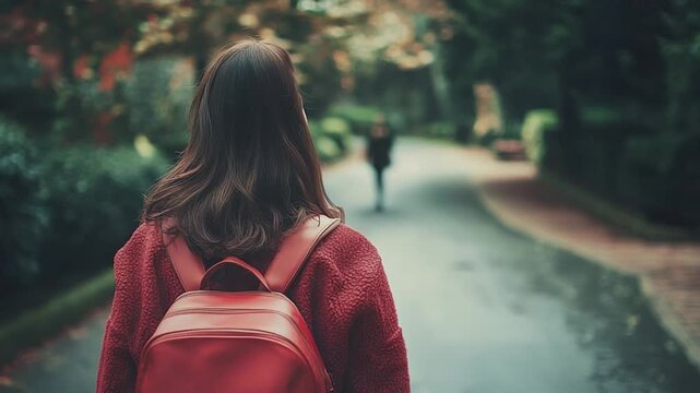 Young woman with back to camera wears cozy red jacket matching backpack for walking down tree lined path autumn season journey contemplation concept