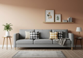Cozy living room scene with gray sofa and decorative accents warmly lit