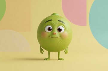 Cute lime character, pastel background, 3D render, food mascot