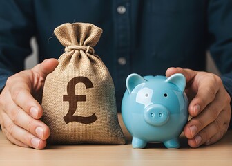Savings are protected. Protect piggy bank and British pound sterling money bag. Safety of investments. Secured loans and mortgages. Defense budget, social support and Retirement money.