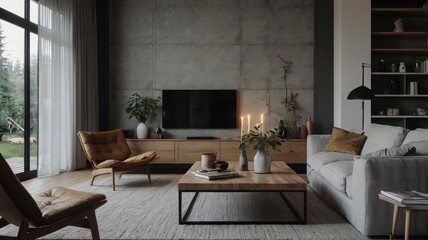 Modern living room with concrete wall and stylish interior design