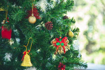 Background Christmas tree decorated holiday winter xmas celebration present gift decorate bauble...