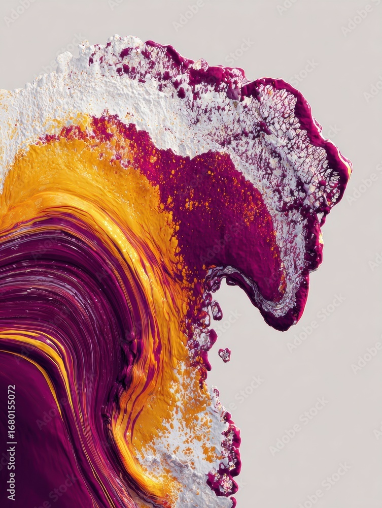 Poster vibrant abstract art display showcasing bold purple and orange colors with textured patterns on a sm