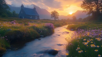Idyllic Stone Cottage by a Winding Stream in a Vibrant Wildflower Meadow Under a Golden Sunset Sky