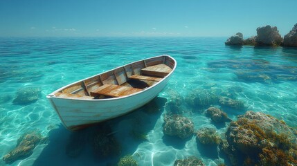 Fototapeta premium Tranquil Tropical Seascape with a Weathered Wooden Boat Floating in Crystal Clear Turquoise Water under a Bright Blue Sky, Revealing Underwater Coral and Seabed.