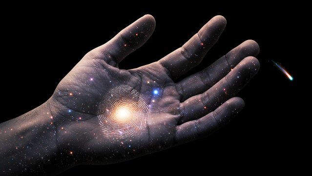A cosmic hand with a galaxy and fingerprint in the palm, symbolizing the universe within us and the power of human creation.