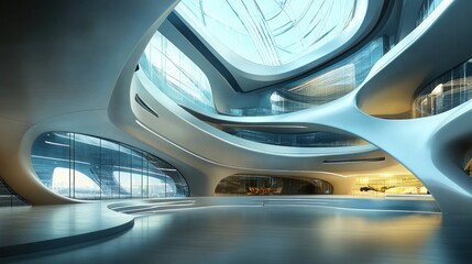 Futuristic architecture showcases a modern building design with flowing lines and glass windows in a bright space