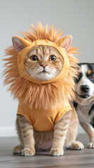 Cat lion costume pet funny cute halloween animal whisker fur feline friend in lion costume sits indoors with playful energy on halloween night