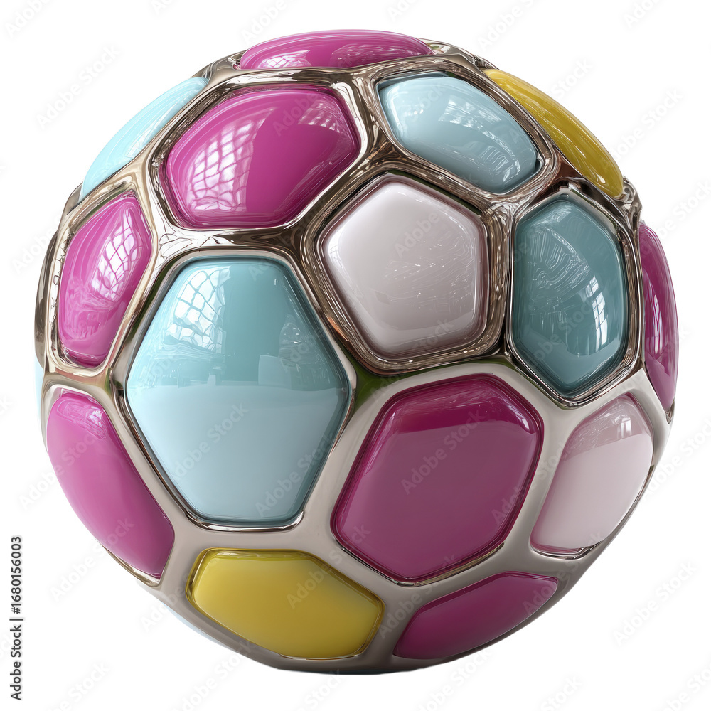 Poster a highly polished abstract sphere composed of colorful geometric shapes and metallic elements