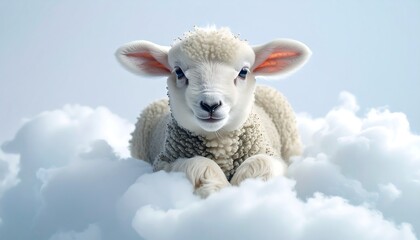 A fluffy lamb nestled amongst soft white clouds.  Innocent and sweet