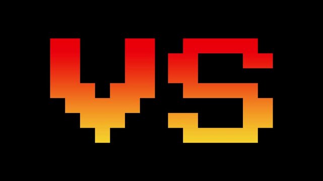 Pixel-style ‘VS’ text in a orange-red gradient, gently rotating and shaking. Includes white, black, and green screen backgrounds. Ideal for retro 8-bit games, online ads, and digital design. - Powered by Adobe