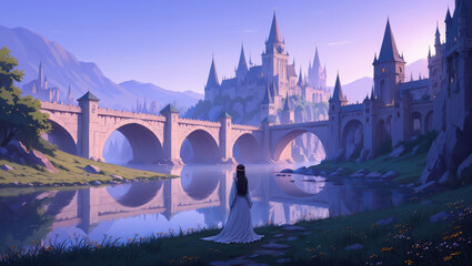 Fantasy castle with a bridge over a river at dawn, woman in white dress looking towards it