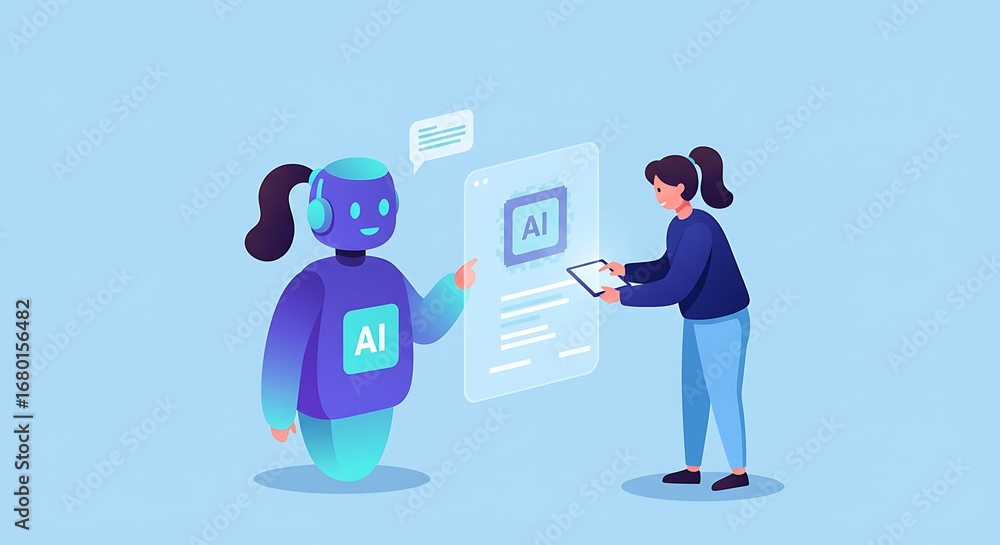 Poster a stylized illustration showcases a friendly ai robot interacting with a human figure, who appears t
