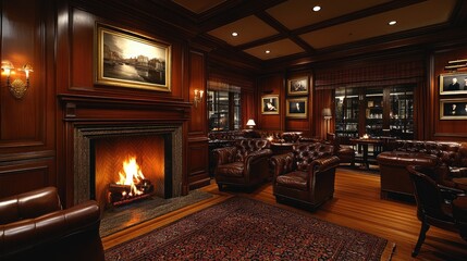 Warm and Inviting Classic Lounge with Crackling Fireplace, Plush Leather Seating, Ornate Wood Paneling, and Elegant Artwork