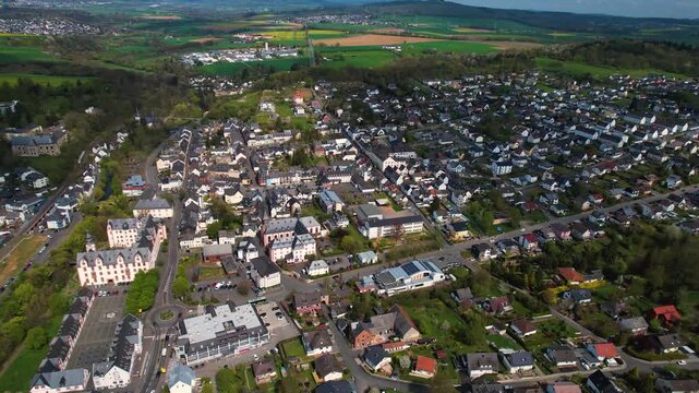 Aerial panorama view around the old town of the city Husum in Germany on a sunny spring noon