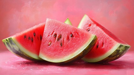 Three Vibrant Watermelon Slices Displayed on a Textured Pink and Red Background, Emphasizing Freshness and Juicy Appeal for Summer Delights