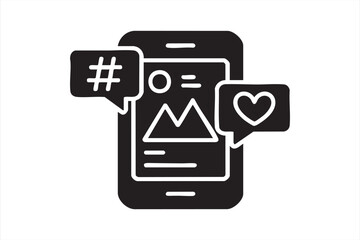 Black Silhouette Icon of Social Media Mobile App with Hashtag and Like Symbols