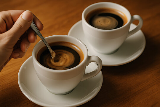 Coffee cup close up, hand stirring espresso, hot black coffee drink, fresh morning beverage in white ceramic cup, aromatic caffeine energy, breakfast drink detail, warm coffee surface swirl, cozy life