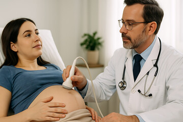 Pregnant woman ultrasound scan, doctor examining belly with medical device, pregnancy check up in hospital, healthcare diagnostic test, gynecologist monitoring fetus, prenatal care examination, matern