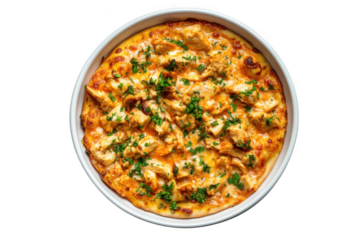 Delicious chicken pizza with fresh parsley topping in white bowl, gourmet food photography, restaurant menu item, isolated on transparent background