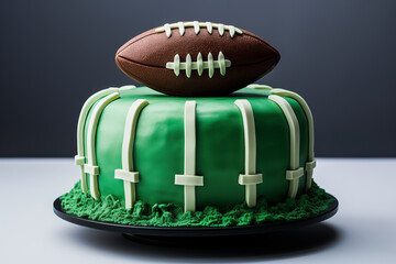 Creative football-themed cake designed for sports party, featuring realistic grass and 3D football on top