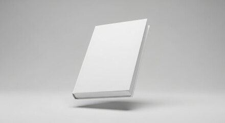 Blank white book cover floating in a minimalist studio setting