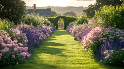 Serene Garden Pathway with Blooming Purple Lavender and Pink Alliums under a Golden Sunset Sky, Countryside Estate in Background