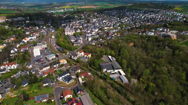 Aerial panorama view around the old town of the city Husum in Germany on a sunny spring noon