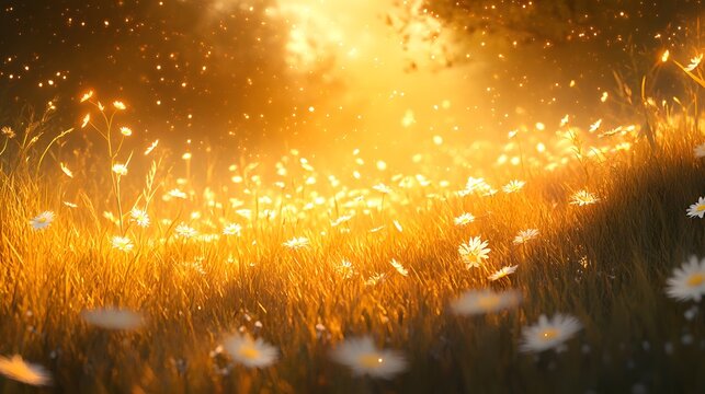 A meadow glowing in golden hour light with tall grasses swaying and white daisies scattered throughout 
