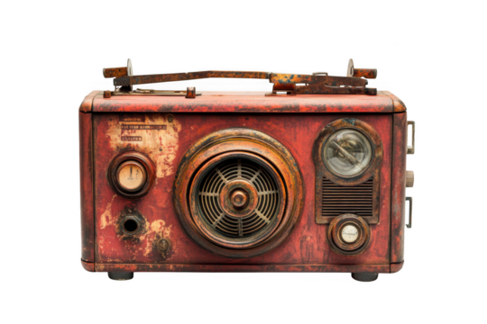Vintage red radio steampunk style old receiver retro technology music device audio equipment isolated on transparent background