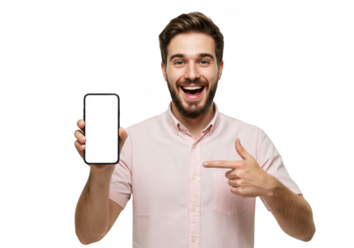 Excited man shows smartphone with blank screen pointing finger towards device transparent background