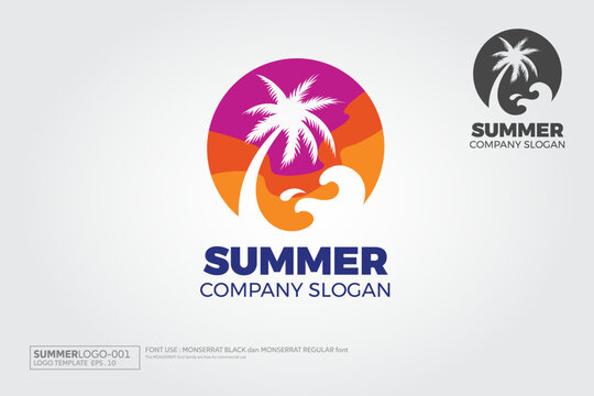 Summer Vector Logo Template. Tropical island summer vacation design element. Exotic beach coconut tree logo concept. 