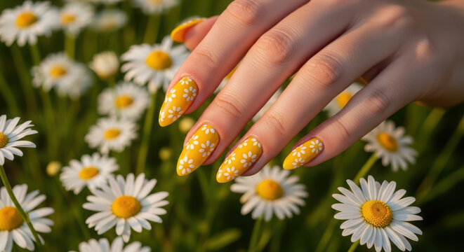 Woman s hand with yellow daisy nail art among white daisies