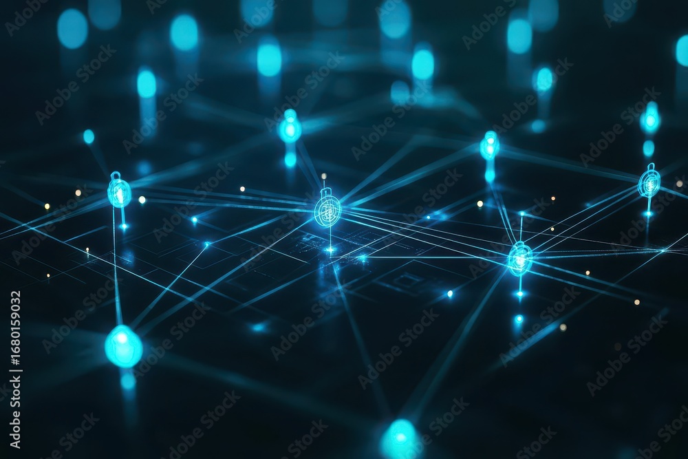 Aufkleber high tech digital network connection with bright blue light nodes and data transmission lines in a f