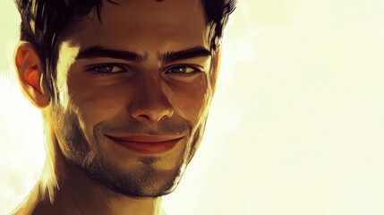 Portrait of a handsome man with a slight smile in a digitally painted style with a warm and inviting atmosphere