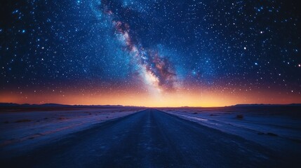 Fototapeta premium Majestic Milky Way Galaxy and Starry Night Sky over a Desert Road at Twilight, featuring a Vibrant Glowing Horizon and Endless Landscape