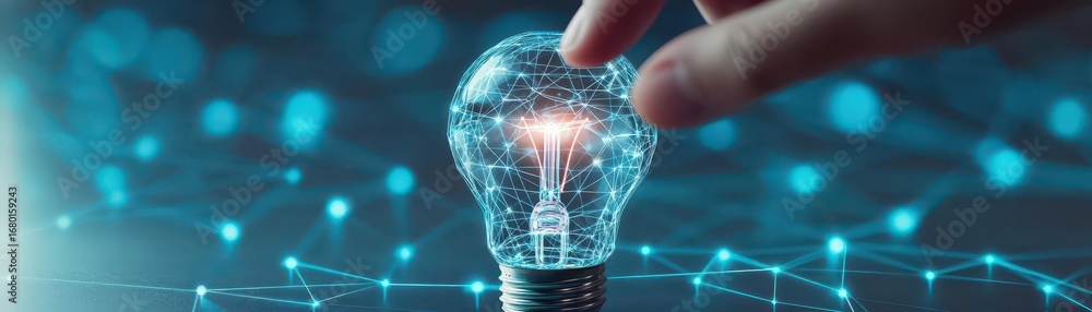Aufkleber close-up of a hand touching a glowing digital light bulb icon surrounded by a network of glowing con