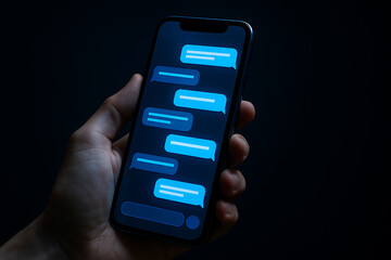 Obraz premium Hand holding smartphone with glowing chat messages screen, digital communication texting interface, mobile technology social media conversation background, online messaging application futuristic dark