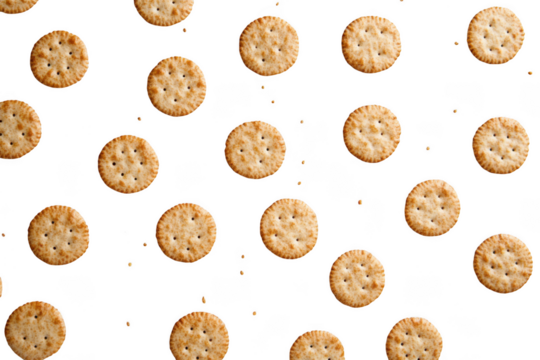 Delicious round crackers food photography, savory snacks, appetizers, bite-sized treats, crispy texture, isolated on transparent background