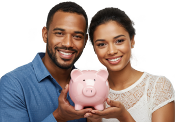 Happy couple holds pink piggy bank together symbolizing financial goals and savings transparent background
