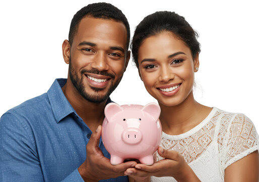 Happy couple holds pink piggy bank together symbolizing financial goals and savings transparent background - Powered by Adobe