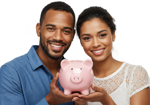 Happy couple holds pink piggy bank together symbolizing financial goals and savings transparent background