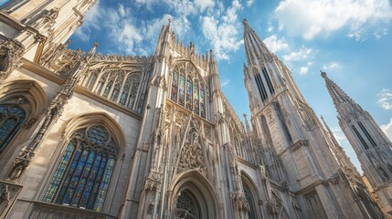 Majestic cathedral soars against a bright blue sky with intricate architectural details and stunning stained glass windows