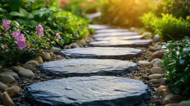 Stone garden path leading through lush greenery at sunrise